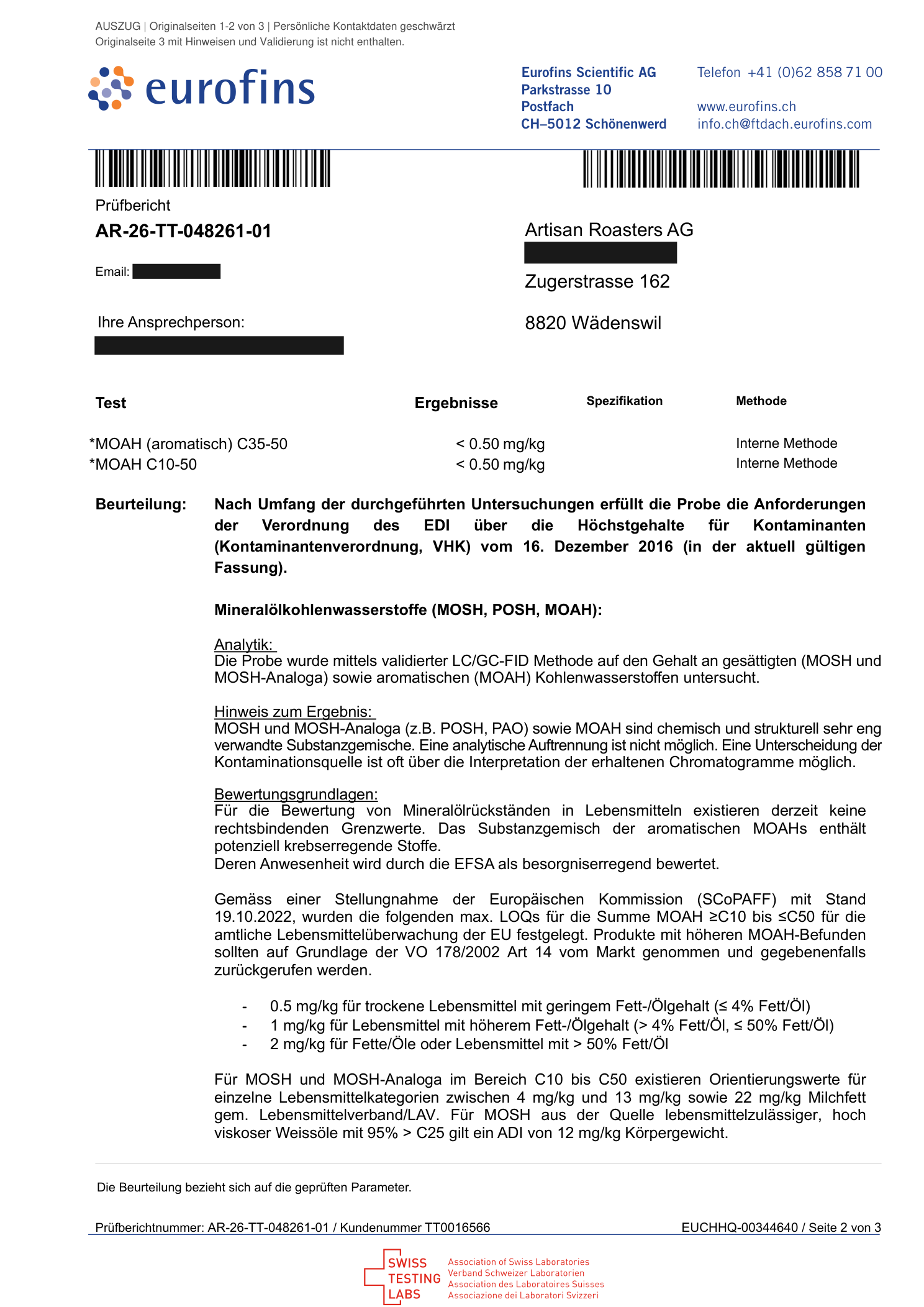Aktueller Laborbericht – keine Grenzwertüberschreitung. – Seite 2
